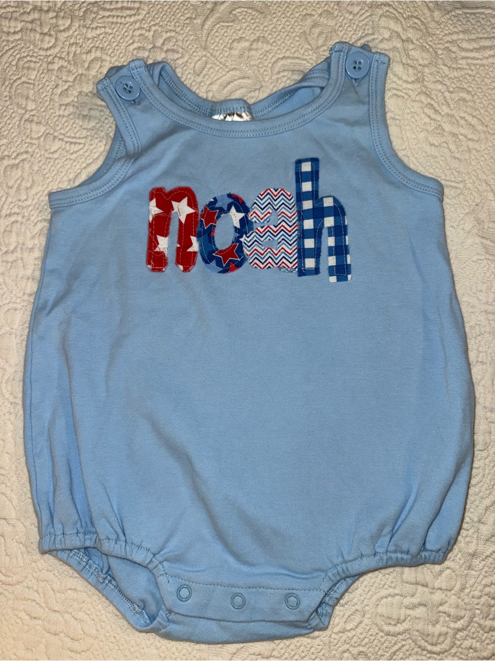 Light Blue "Noah" Appliqué Baby One-Piece